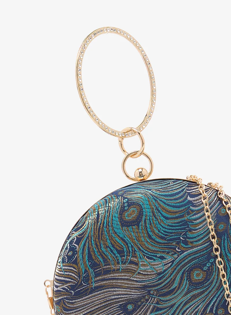 Khizana Blue Woven Print Circle Shape Statement Clutch With Gold Accent for Women | Best Price UAE